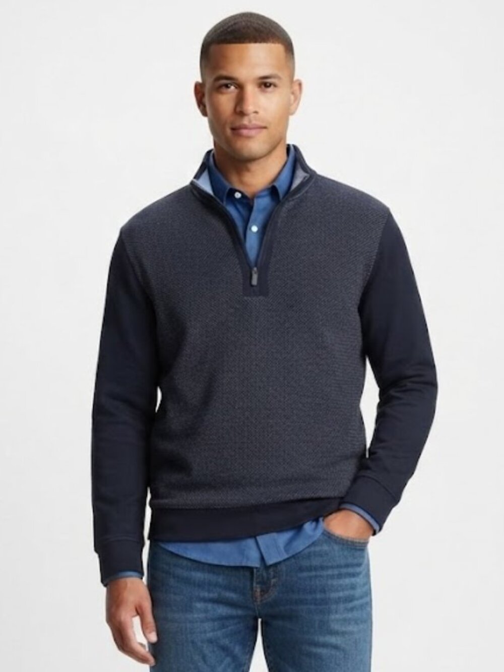 Ted Baker Men’s Textured Quarter Zip Navy Colorblock Pullover Blue Size L